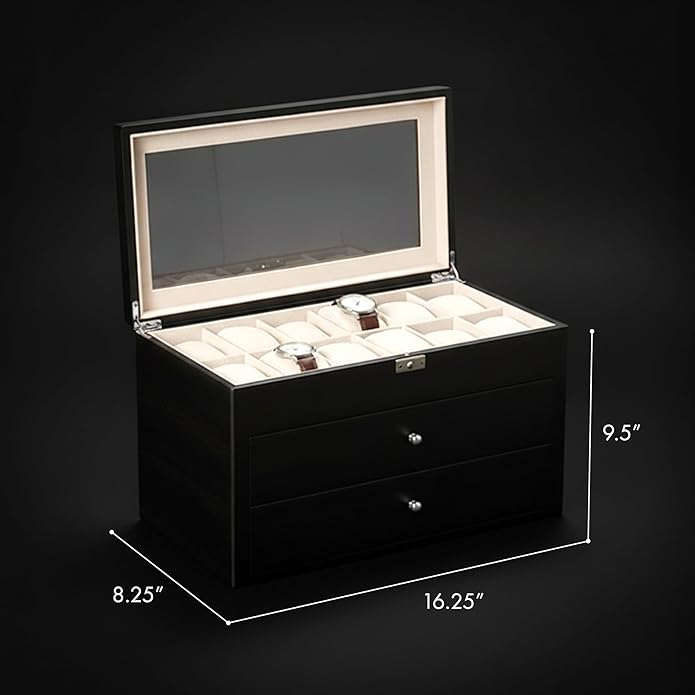 Bey-Berk Custom Personalized Watch Box Organizer - 36 Slot Luxury Solid Wood Designer Display, Large Watch Slots