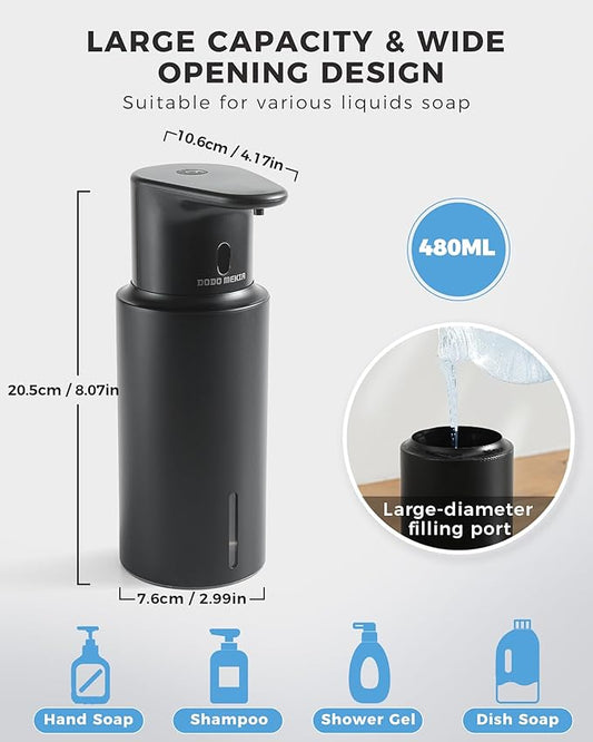 DODO MEKIA Automatic Liquid Soap Dispenser Touchless, 304 Stainless Steel Bottle Body &16.2oz/480ml Rechargeable, 3 Adjustable Liquid Levels, IPX7 Waterproof, for Kitchen Bathroom, Black