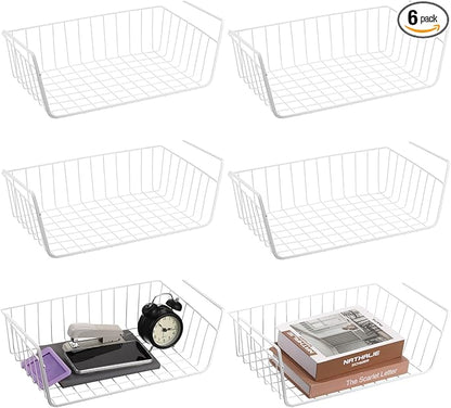 6 Pack Under Shelf Basket, Slide in Wire Hanging Storage Baskets, Slides Under Wire Shelves, Undershelf Hanging Storage Bin Basket for Kitchen, Pantry, Counter, Desk Bookshelf (Black)