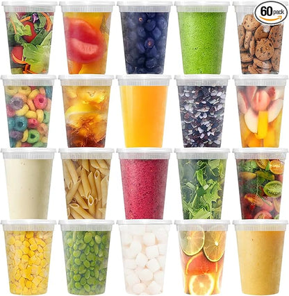 Slomg 60 Pack 32oz Plastic Deli Containers with Lids, Disposable Food Storage Containers for Soup Meal Prep Leftover, To Go Takeout Quart Bowls for Restaurant Kitchen Microwave Dishwasher Freezer Safe