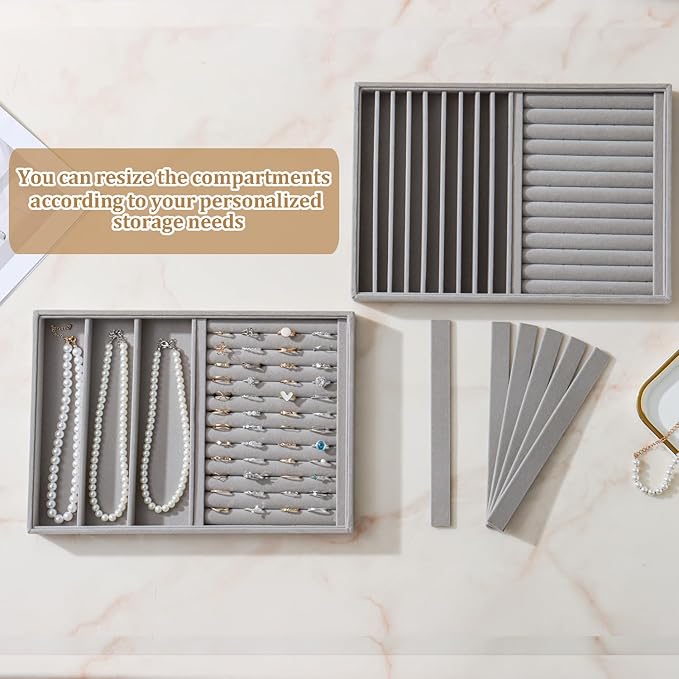 KATISYIO Large Velvet Jewelry Tray 2 Pack Stackable Jewelry Display Drawer Inserts Trays Organizer for Earring Bracelet Necklace Ring (Gray, Ring and 9 Grids)