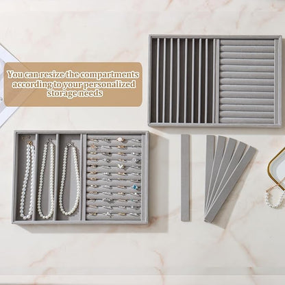 KATISYIO Large Velvet Jewelry Tray 2 Pack Stackable Jewelry Display Drawer Inserts Trays Organizer for Earring Bracelet Necklace Ring (Gray, Ring and 9 Grids)