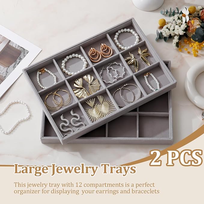 KATISYIO Large Velvet Jewelry Tray 2 Pack Stackable Jewelry Display Drawer Inserts Trays Organizer for Earring Bracelet Necklace Ring (Gray, 12 Grids)