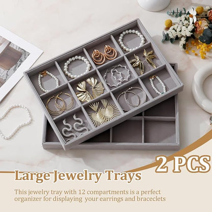 KATISYIO Large Velvet Jewelry Tray 2 Pack Stackable Jewelry Display Drawer Inserts Trays Organizer for Earring Bracelet Necklace Ring (Gray, 12 Grids)