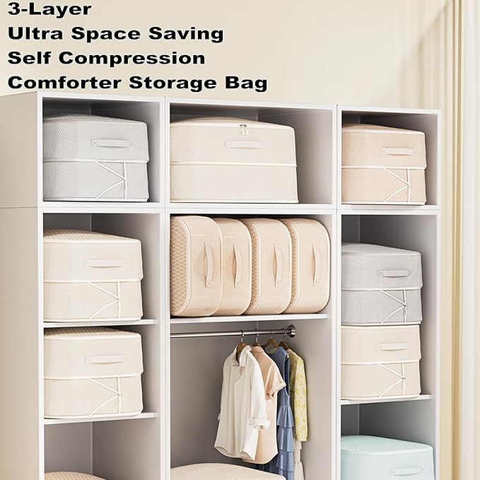 Comforter Storage Bag, Ultra Space Saving Self Compression Organizer, Large Capacity 3-Layer Blanket Storage Bags (Beige X-Large)