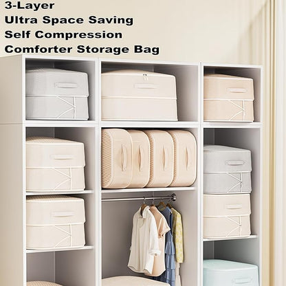 Comforter Storage Bag, Ultra Space Saving Self Compression Organizer, Large Capacity 3-Layer Blanket Storage Bags (Beige X-Large)