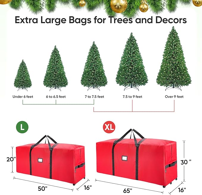 BALEINE 7.5 ft Rolling Christmas Tree Storage Bag, 2 Swivel Wheels for Easy Moving, Heavy Duty 600D Oxford Fabric Extra Large Artificial Christmas Tree Bag with Reinforced Carry Handles (Red)