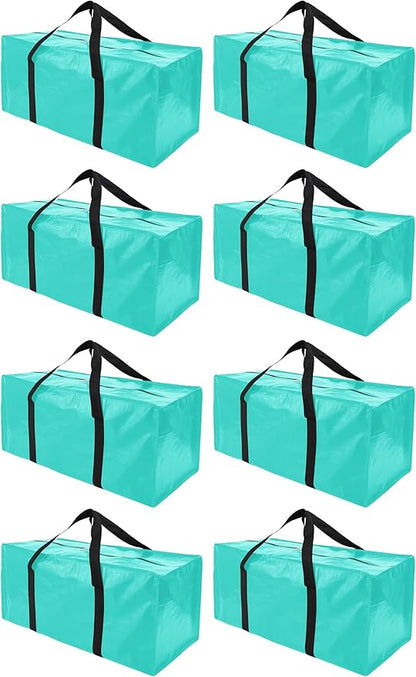 PANDA JOYS 8 Pack Extra Large Moving Bags with Zippers & Carrying Handles, Heavy-Duty Storage Tote for Space Saving Moving Storage, Fold Flat, Alternative to Box and Bin,Aquamarine