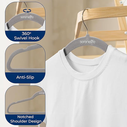 SereneLife 10-Pack Velvet Hangers – Non-Slip Clothes Hangers with Heavy Duty Design, Slim Space-Saving Coat Hangers with 360° Swivel Hook, Strong Lightweight Closet Organizer Set for Clothes (Grey)