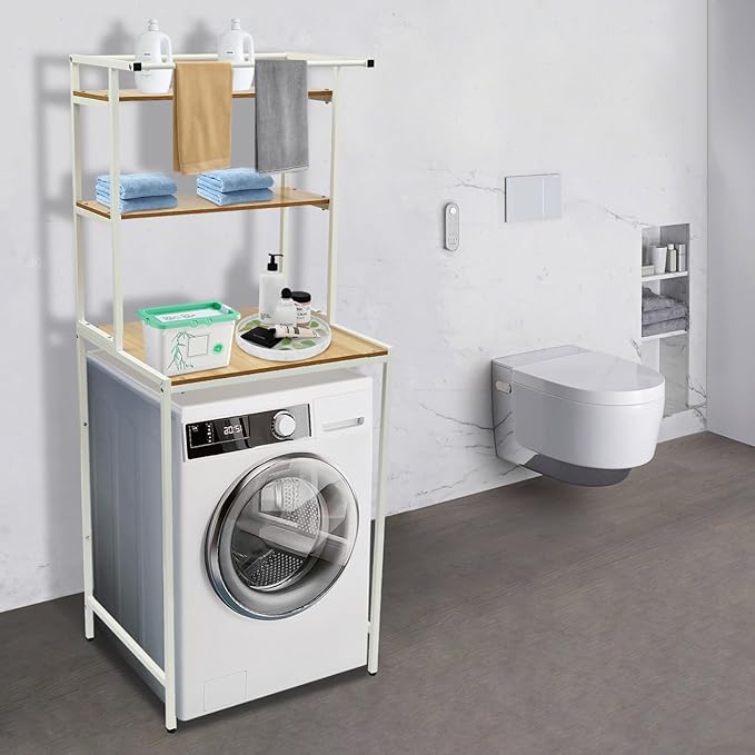 Over Washer and Dryer Shelves, 3 Tiers Laundry Room Storage and Organizer Standing Shelf, Metal Freestanding Clothes Drying Rack, Space Saving Organizers Shelf 27.1" W x 23.6" D x 69.5" H (Brown)