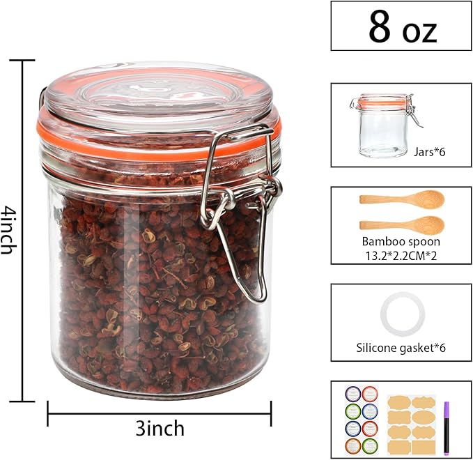 Flrolove 8 oz Small Airtight Glass Jars with Lids,Glass Food Storage Canisters with Lids, Mini Airtight Storage Container for Kitchen Canning, Spice, Honey, Nuts, Snacks, Flour, Set of 6