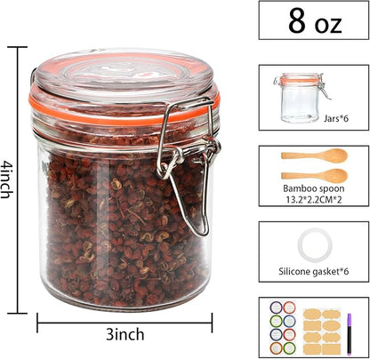 Flrolove 8 oz Small Airtight Glass Jars with Lids,Glass Food Storage Canisters with Lids, Mini Airtight Storage Container for Kitchen Canning, Spice, Honey, Nuts, Snacks, Flour, Set of 6