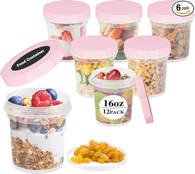 LEAWALK Twist Top Deli Containers, Plastic Soup Container With Lids,Freezer Food Storage BPA Free, Leak Proof, Stackable, Microwave Dishwasher Safe (Pink 16OZ-6Pack)