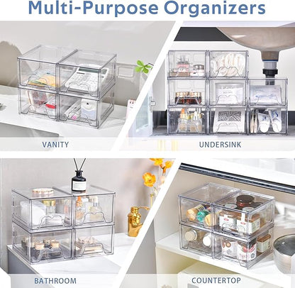 Plastic Drawers Storage, 4 Pack Clear Stackable Storage Drawers, Acrylic Storage Bins with Drawers for Fridge Organizers, Small PlasticDrawers Stackable for Makeup Organizers Cosmetic Display