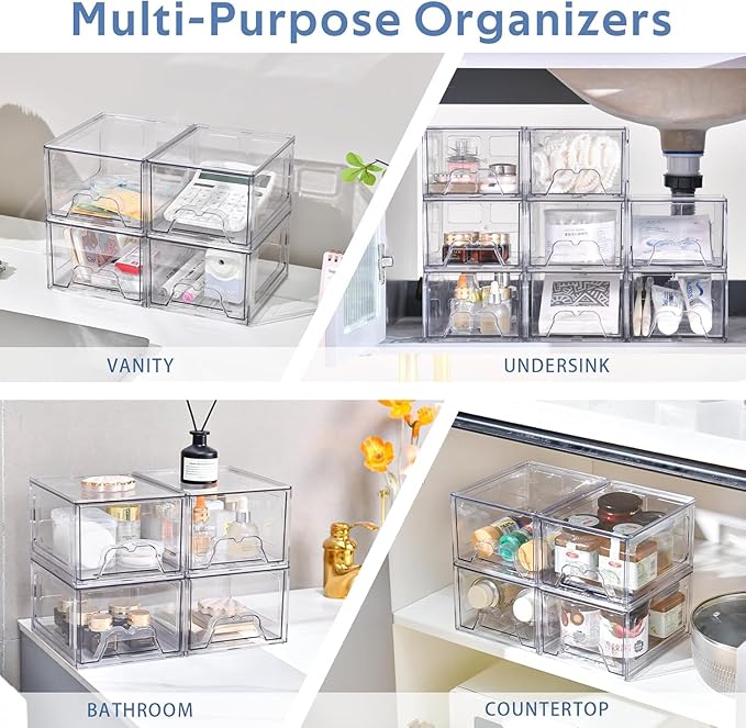 Plastic Drawers Storage, 8 Pack Clear Stackable Storage Drawers, Acrylic Storage Bins with Drawers for Fridge Organizers, Small PlasticDrawers Stackable for Makeup Organizers Cosmetic Display