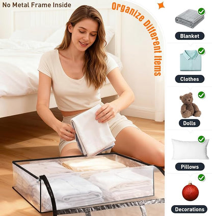 EdenDwell Clear Under Bed Storage Containers - 4 Pack Large Capacity Clothes Storage Bags with Lid & Sturdy Handles, Foldable Moving Bags, Clothing Organizer Totes for Bedding, Comforter, Sheet（90 L）
