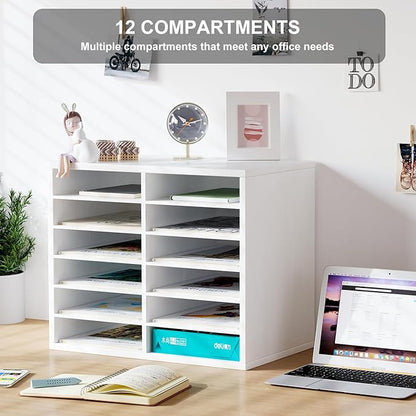 PAG Countertop Mail Sorter Organizer, Wooden Literature Organizer, Student Mailbox for Classroom, Desktop Bill Organizer for Office Home School, 12 Compartments, White
