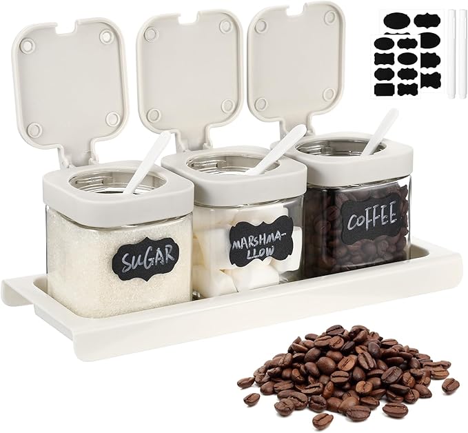 Suclain 3 Pcs Glass Coffee Containers Coffee Station Organizer Set, Airtight Bean Storage Jars with Shelf,labels,spoon, Base and Pen,for Sugar, Candy, Oats, Nuts (White)