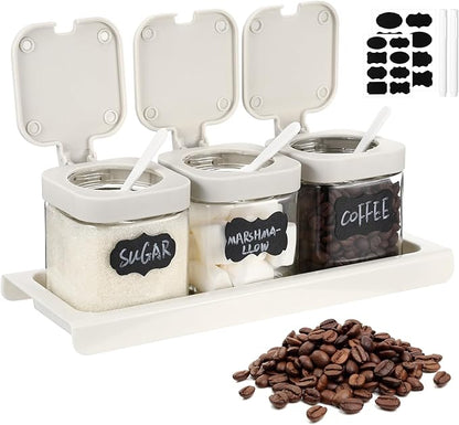 Suclain 3 Pcs Glass Coffee Containers Coffee Station Organizer Set, Airtight Bean Storage Jars with Shelf,labels,spoon, Base and Pen,for Sugar, Candy, Oats, Nuts (White)