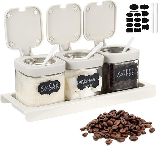 Suclain 3 Pcs Glass Coffee Containers Coffee Station Organizer Set, Airtight Bean Storage Jars with Shelf,labels,spoon, Base and Pen,for Sugar, Candy, Oats, Nuts (White)