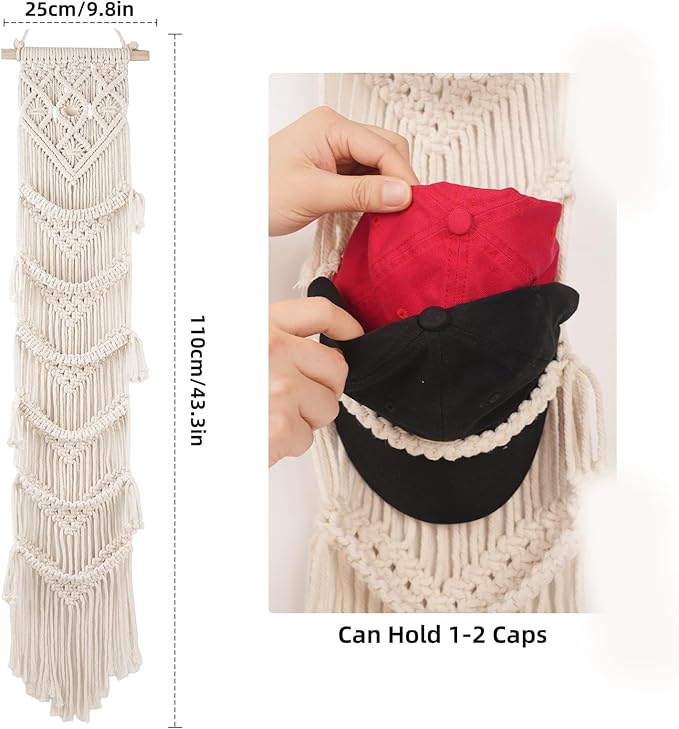 KaloKalo 2PCS Macrame Cap Holders Boho Hat Hangers Over Door Ball Cap Rack Organizer Decorative Bohemian Handmade Woven Wall Hanging for Baseball Cap Display Decoration (Ivory, Up to 24 Caps)