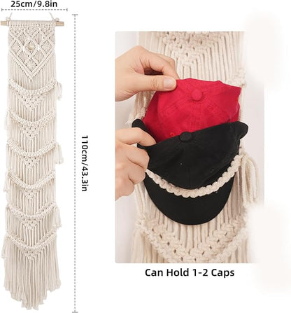 KaloKalo 2PCS Macrame Cap Holders Boho Hat Hangers Over Door Ball Cap Rack Organizer Decorative Bohemian Handmade Woven Wall Hanging for Baseball Cap Display Decoration (Ivory, Up to 24 Caps)