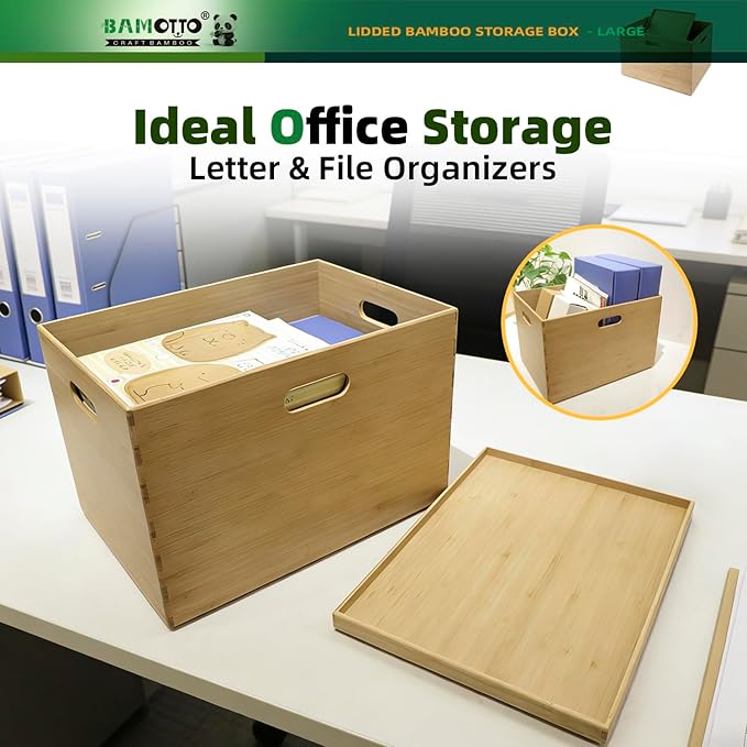 Large 14.6”x10.2”x9.6” Lidded Bamboo Storage Bins - Stackable with Handles, Box/Cube/Basket for Home Kitchen Office, Organize Tableware Toys Crafts Books