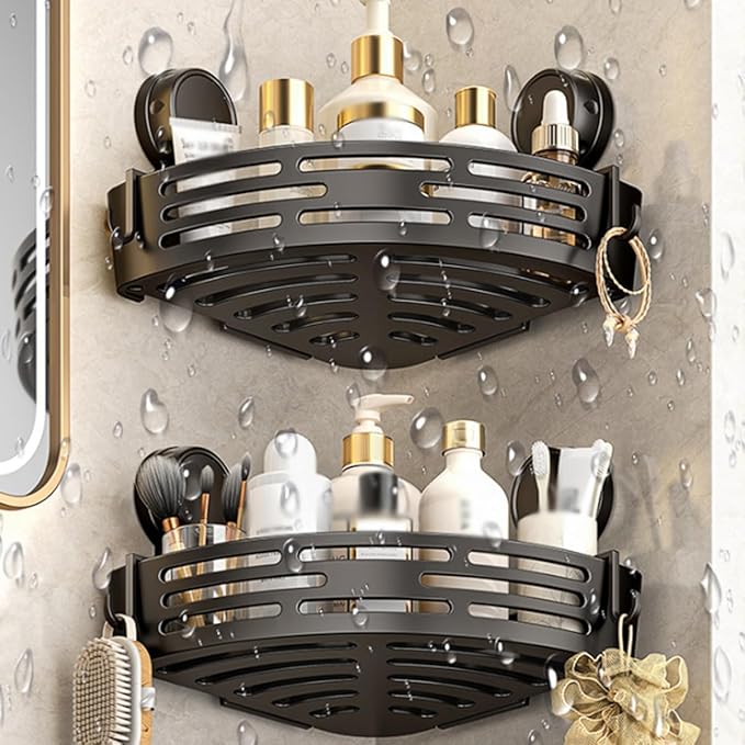 Triangle Suction Cup Shower Caddy, Corner Shower Shelves No Drilling, Aluminum Upgrade Suction Cup Shower Organizer with Towel Bar & Hooks, Heavy-Duty Strong Hold (Gray, 3pcs)