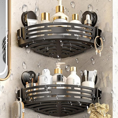 Triangle Suction Cup Shower Caddy, Corner Shower Shelves No Drilling, Aluminum Upgrade Suction Cup Shower Organizer with Towel Bar & Hooks, Heavy-Duty Strong Hold (Gray, 3pcs)