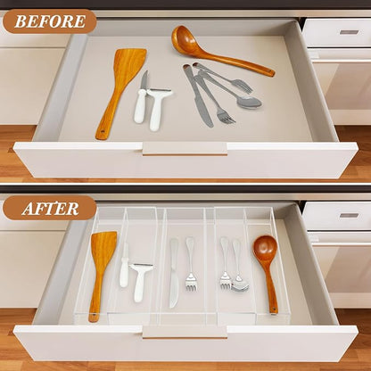 2 Packs Expandable Kitchen Drawer Organizer Clear Acrylic Utensil Organizer Adjustable Acrylic Silverware Storage for Drawers Silverware Flatware Knives (12 x 16 Inches,3-5 Compartments)