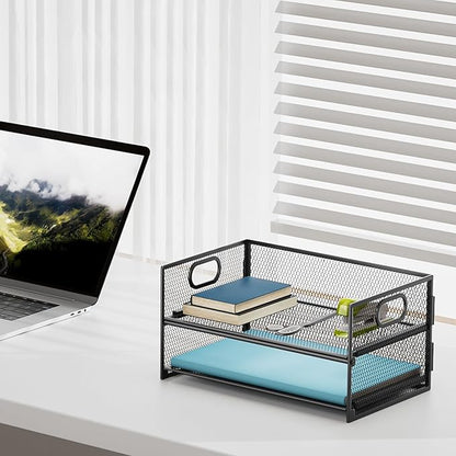 Marbrasse 2 Tier Paper Organizer Letter Tray, Mesh File Organizer with Handle, Paper Sorter Desk Organizer for Home Office Supplies - 2P