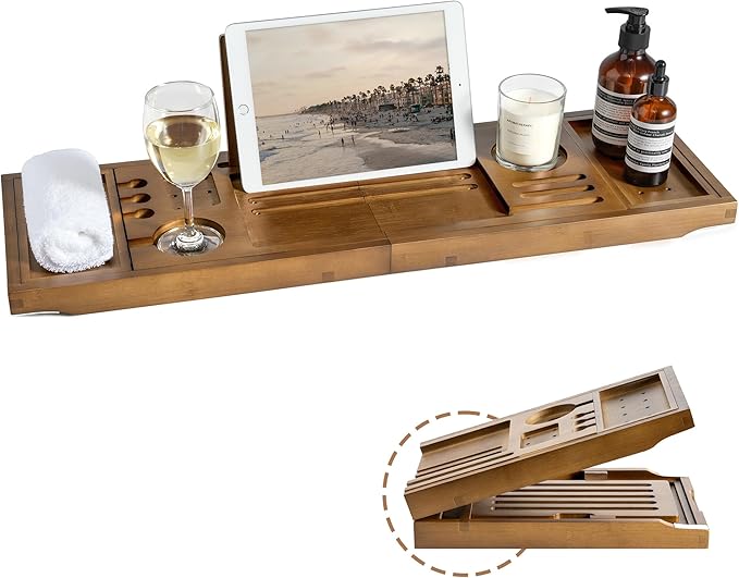 Realgulf Bamboo Bathtub Tray Caddy - Splash-Proof Adjustable (28.5-40") with Wine Holder, Tablet Stand & Non-Slip Grip | Spa-Grade Organizer for Bath Essentials & Reading- Walnut
