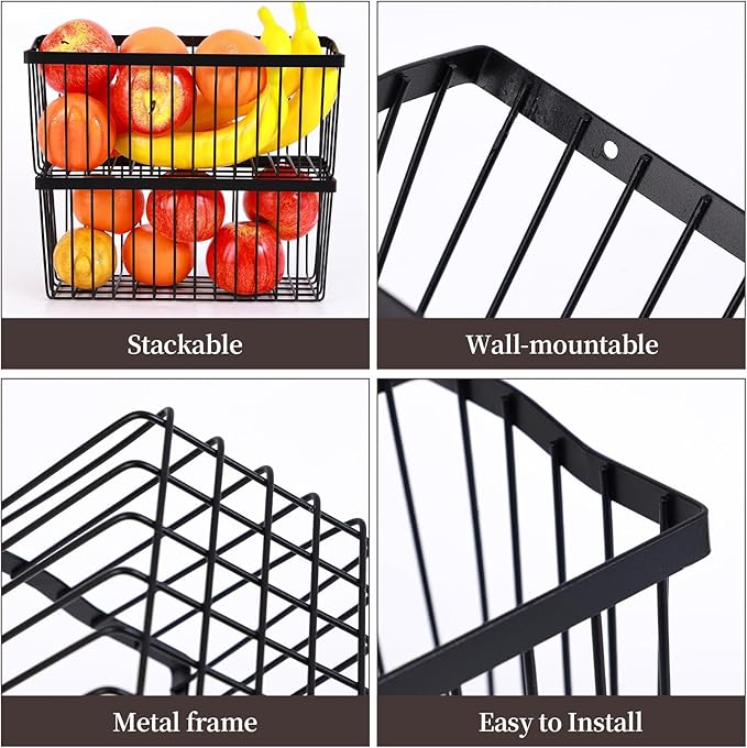 2 Pcs Fruit Basket Wire Baskets, Fruit and Veggie Storage Basket Holder for Kitchen Wall Mounted,Kitchen Organizers and Storage for Snack Onion Potato(Black)