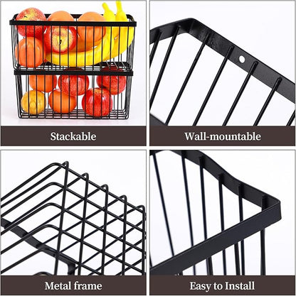 2 Pcs Fruit Basket Wire Baskets, Fruit and Veggie Storage Basket Holder for Kitchen Wall Mounted,Kitchen Organizers and Storage for Snack Onion Potato(Black)