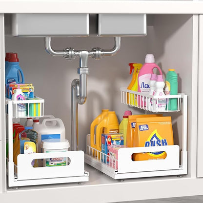 2 Pack Under Sink Organizer, 2 Tier Pull Out Cabinet Organizer,Slide out Metal Cabinet Organizers Multi-Purpose Drawer Shelf for Kitchen Bathroom Pantry Cabinet Closet Organization Rack,White