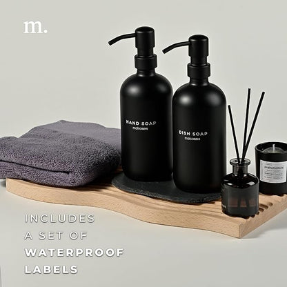 MaisoNovo Soap Dispenser 3-Piece Set | 16.9oz Black Bottles with Black Stainless Steel Pump Core