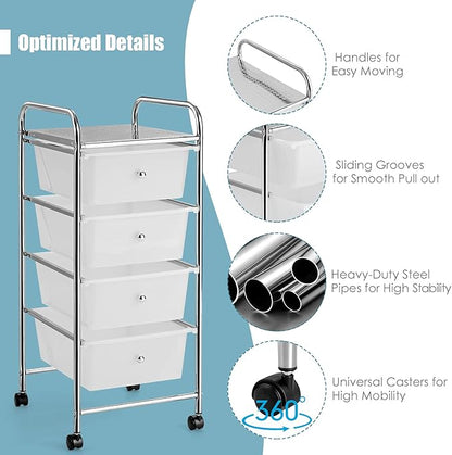 Giantex Rolling Cart with Drawers, Craft Organizer with Wheels, 4 Drawer Storage Container Bins for Home School Office Scrapbook Paper Tools, Clear White