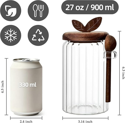 Koythin Food Storage Containers with Wooden Lids and Scoops, Ribbed Glass Jars with Airtight Lids, Bath Salt Container with Scoop, Kitchen Canisters for Coffee, Sugar, Spice (Vertical Stripe, 27 oz)