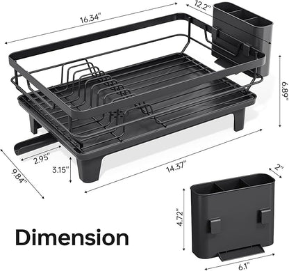 TOOLF Space-Saving Dish Drying Rack, Multifunctional Dish Rack for Kitchen Counter,Sink Dish Drainer Rack, Dishes Strainer with Drain Board & Cutlery Holder, Compact Dryer Rack,Black
