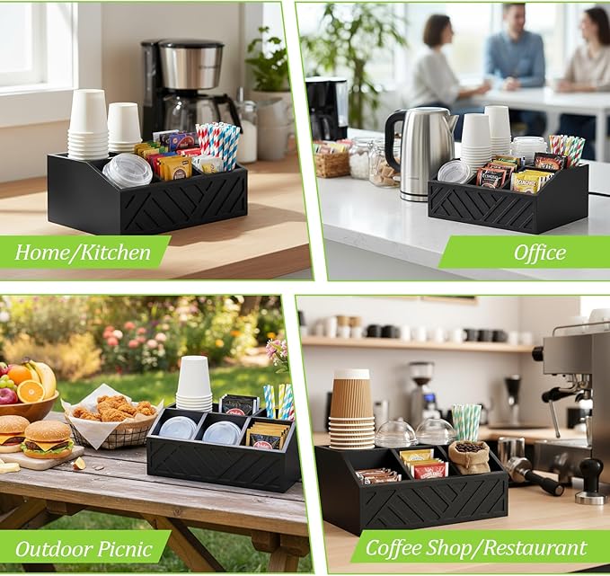 Black Coffee Station Organizer for Counter, Wood Coffee Pods Holder Storage Basket with 5 Compartments, Coffe and Tea Condiment Basket Storage Organizer, Farmhouse Bar Accessories Decor