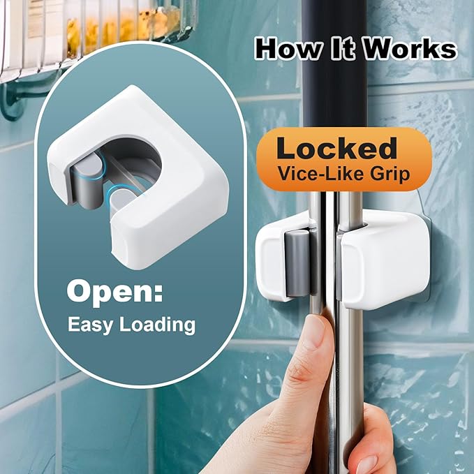funest 6 Pack Mop and Broom Holder Wall Mount, No Drill Needed Self Adhesive, Non-Slip Mop Grippers for Tile Walls - Kitchen, Bathroom, Garage（White）