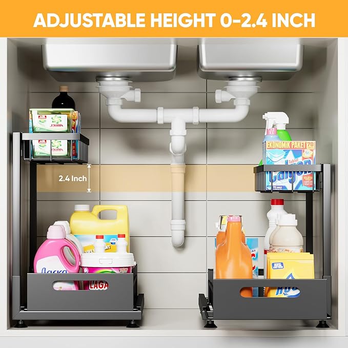 Under Sink Organizer Storage 2-Tier Premium Metal Pull-Out Racks, Height Adjustable, Heavy Dut and Easy Installation for Kitchen & Bathroom Organizers 2 Pack