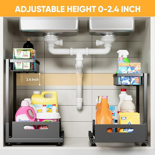 Under Sink Organizer Storage 2-Tier Premium Metal Pull-Out Racks, Height Adjustable, Heavy Dut and Easy Installation for Kitchen & Bathroom Organizers 2 Pack