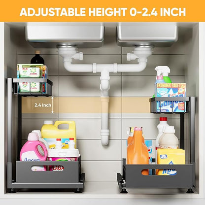 Under Sink Organizer Storage 2-Tier Premium Metal Pull-Out Racks, Height Adjustable, Heavy Dut and Easy Installation for Kitchen & Bathroom Organizers 1 Pack Black