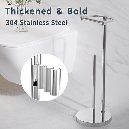 Toilet Paper Holder Stand, Post Pivoting Design Free Standing Toilet Paper Holder with Storage for 4 Rolls, SUS304 Stainless Steel Tissue Holder with Reserve, Heavy-Duty Base (Chrome)