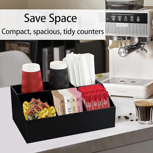Coffee Bar Station Organizer for Countertop, Acrylic Coffee Pods Sugar Packets Tea Bags Storage Basket for Countertop, Black