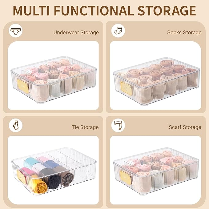 CISIREE Sock Organizer for Drawer, 15 Compartments Detachable Plastic Underwear Drawer Organizer with Lid for Closet, Compartment Storage Ideal for Socks, Bras, Ties, and Scarves (Sock)