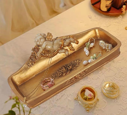 S-MANTIS Vintage Tray Antique Trinket Dish, Small Rectangular, Ring Holder With Cherub and Floral Design,Jewelry Or Cosmetics Makeup Storage Organizer,Gift,Aesthetic Room Decor (Ivory and Gold-Cherub)