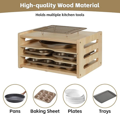 4 Tier Wooden Cabinet Tray Dividers for Baking Trays, Pans & Cutting Boards - 16.61" Wx12.4 Dx8.94 H Vertical Cookie Sheet Organizer, Spoon Rest, Utensil Holder, Kitchen for Pots Pans Storage