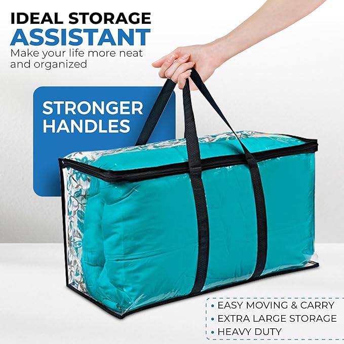 VitalUp 4 Pack Clear Large Moving Bags, Heavy Duty Storage Bags, College Totes, Storage Bins, for Organizing Blankets, Clothing for College, Dorm, Packing, Durable with Zipper and Handle 25x14x12
